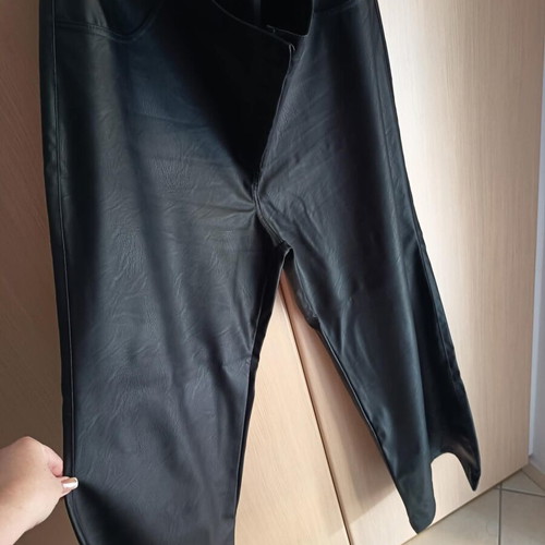 Black faux leather pants with button and elastic waist, size 3