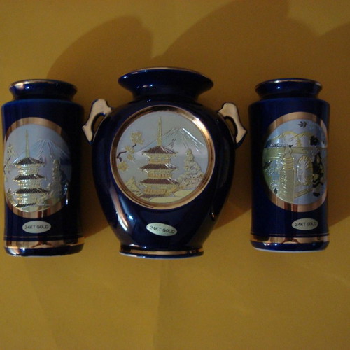 Vintage Chokin 24K Gold Edged vases used, set of 3, made in Japan