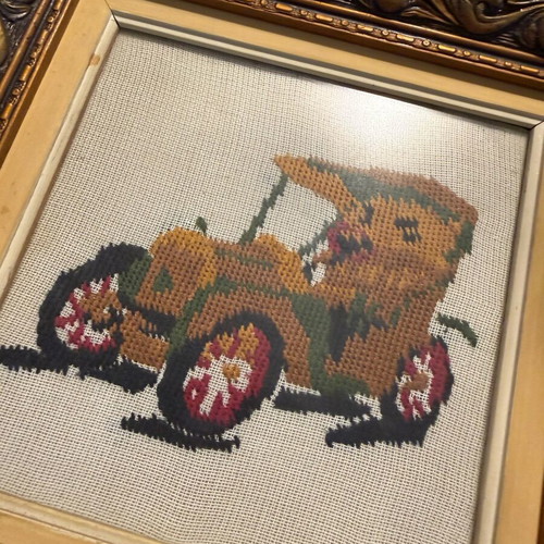Vintage wooden frames used with hand-stitched car designs