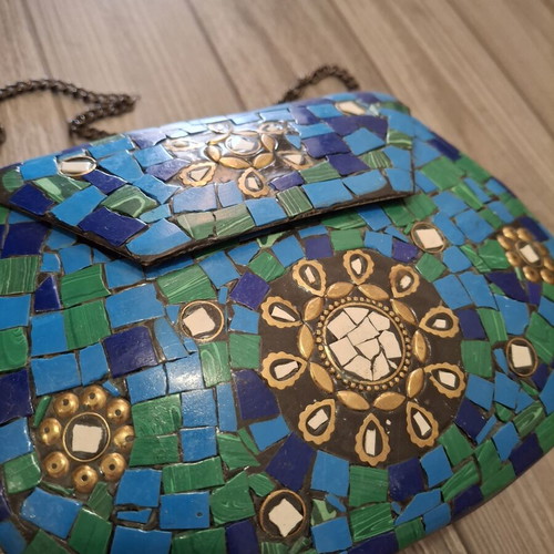 Handmade Mosaic Boho Ethnic Shoulder Bag like new, blue-green