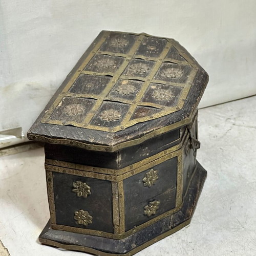 Vintage wooden jewelry box with brass decorations used