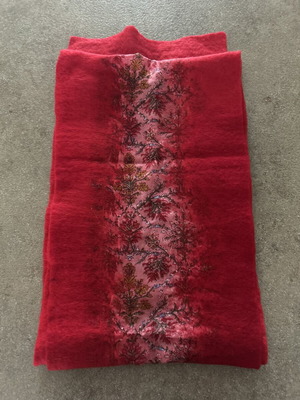 Handmade red scarf with floral detail, new