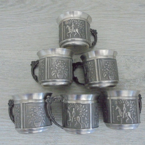 Swedish pewter decanter set with 6 small metal cups, TENN BOLLNÄS