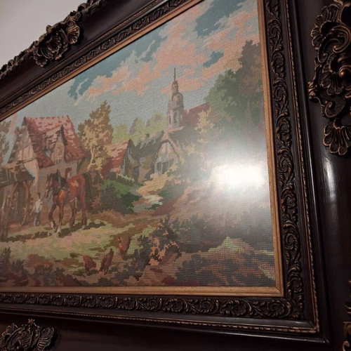 Gobelin tapestry used with handmade embroidery and carved frame