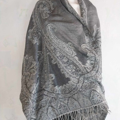 Cotton scarf with sequins in gray shades with paisley motifs, like new