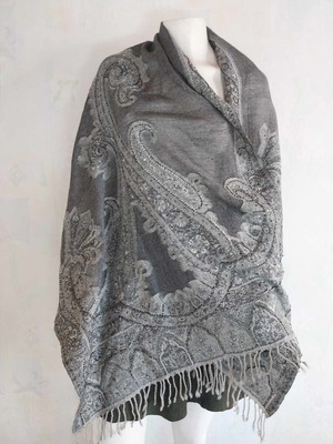 Cotton scarf with sequins in gray shades with paisley motifs, like new