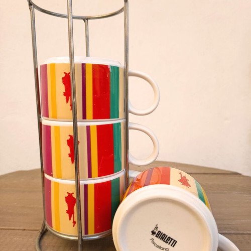 Bialetti Cappuccino Cup Set with Stand, like new, 4 multicolour cups