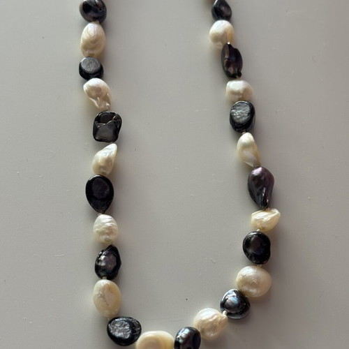 Handmade necklace with natural white and black freshwater pearls