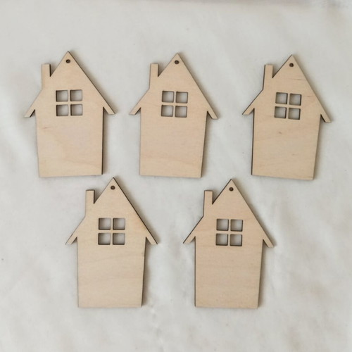 Wooden house shapes with windows, laser-cut, set of 5