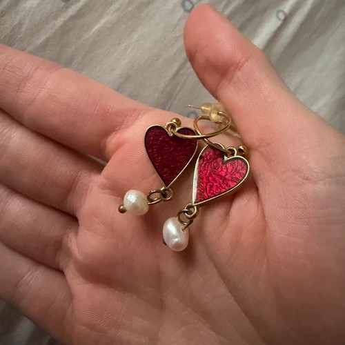 Heart drop earrings with pearl like new, red and gold