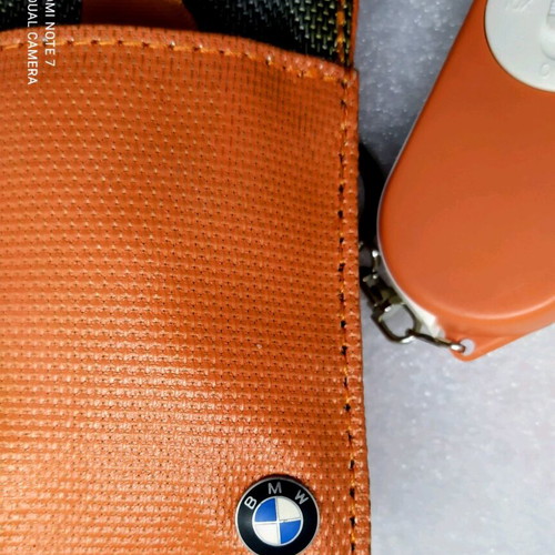 Orange BMW keychain with compass, magnifier, led and key case new