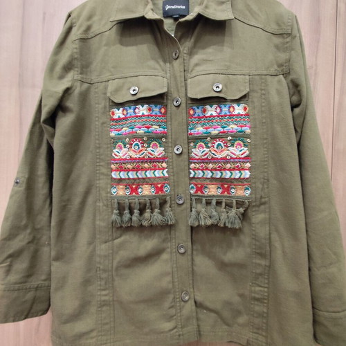 Stradivarius shacket boho embroidered, size S, khaki