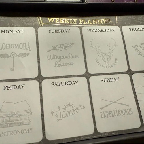 Harry Potter stationery set with pen, weekly planners, post-its, and lightning bolt clips