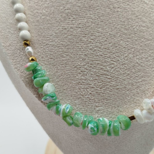 Handmade necklace with shell, howlite, pearl, hematite, and stainless steel new