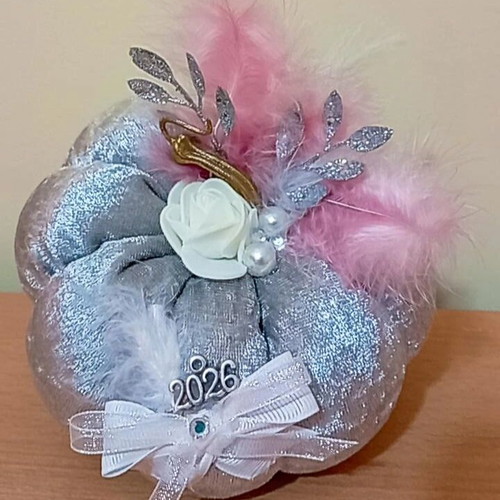 Handmade Large Velvet Pumpkin Lucky Charm 2026 in Silver Metallic Color