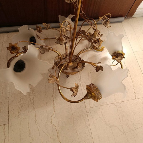 Antique ceiling light used, brass with floral decoration