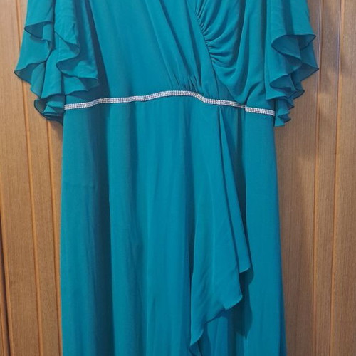 Happy Sizes green plus size jumpsuit with ruffle and rhinestones