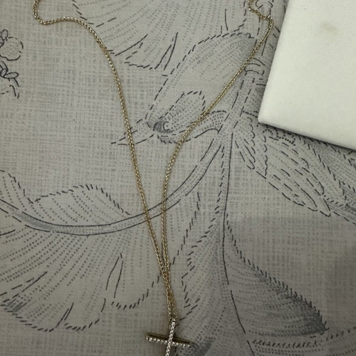 14k gold cross pendant with 9k long chain, reversible design