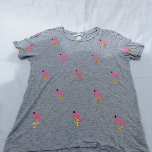 H&M blouse used with flamingo print, size Small, gray