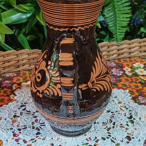 Vintage pottery jug with floral sgraffito decoration, 22 cm
