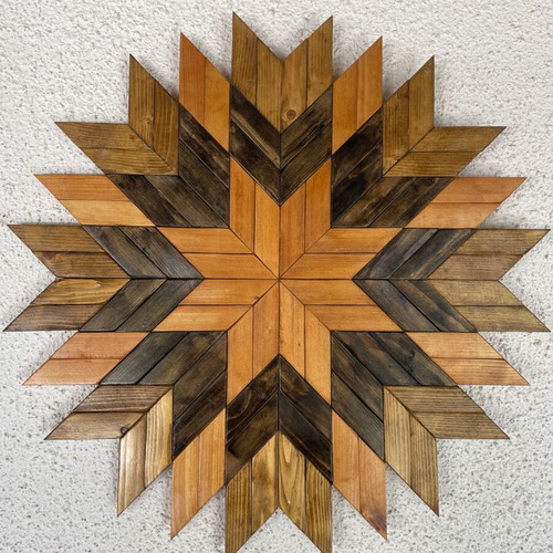 Handmade wooden wall art with geometric Aztec design Ø53 cm