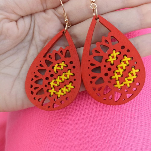 Wooden earrings with red embroidery like new