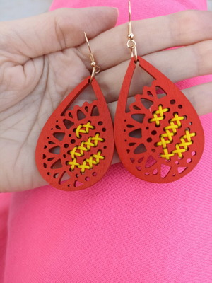 Wooden earrings with red embroidery like new