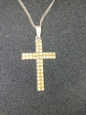 Chest cross with rhinestones and chain used, 80's style