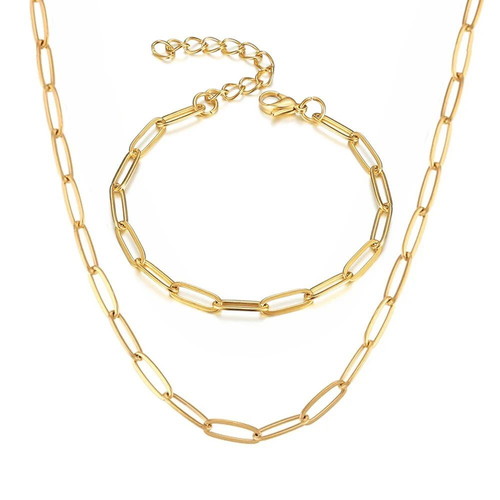 18K 5macro Gold Plated Necklace and Bracelet Set, Length 60cm and 20cm