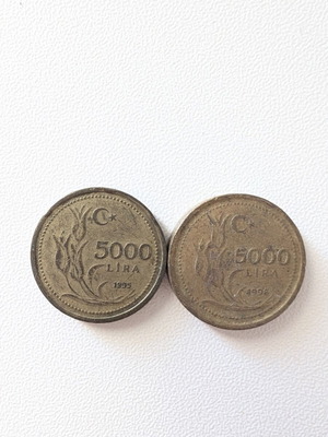 Turkish 5,000 Lira Coins used, 1995 and 1996