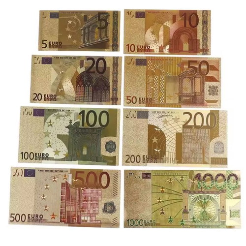 Set of gold-colored euro banknotes 8 pieces new