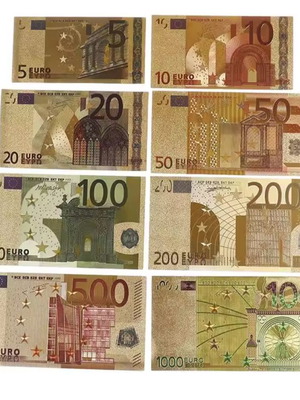 Set of gold-colored euro banknotes 8 pieces new