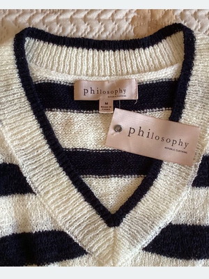 Philosophy women's sweater with V-neck striped, new, black and white
