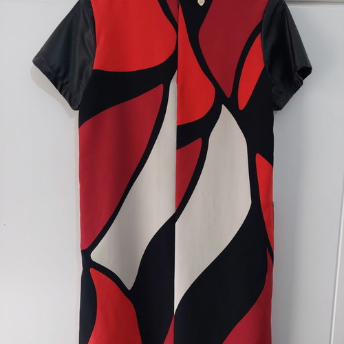 Lynne Small dress like new with leather sleeves, black and red