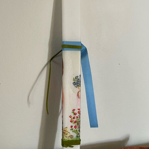 Candle with boy painted with acrylic colors and decoupage new