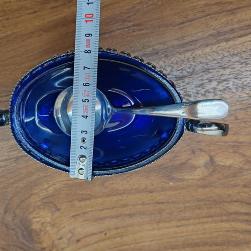 Set of blue blown glass jug and silver-plated fondue pot like new