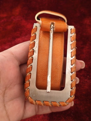 US Woman leather belt used, orange with large metal buckle