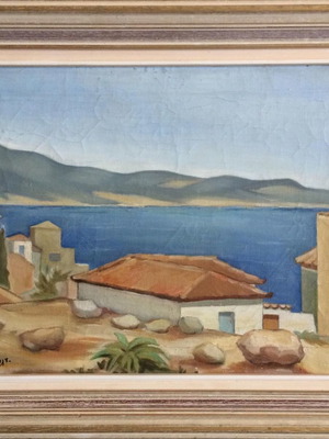 Ελαιογραφία σε καμβά της Μαρίας Παπαδάκη-Ψαλτιάδη με κορνίζα