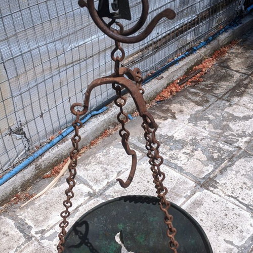 Vintage traditional hanging scale with bronze tray, used