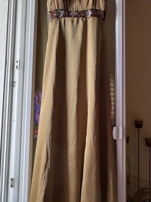 Long silk dress like new, beige and gold with decorative belt
