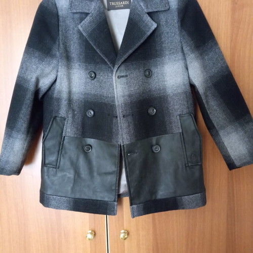 Trussardi junior kids coat new, wool and leather, size 8, gray