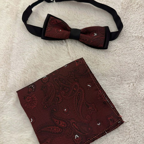 Men's set bow tie and pocket square burgundy like new with paisley design