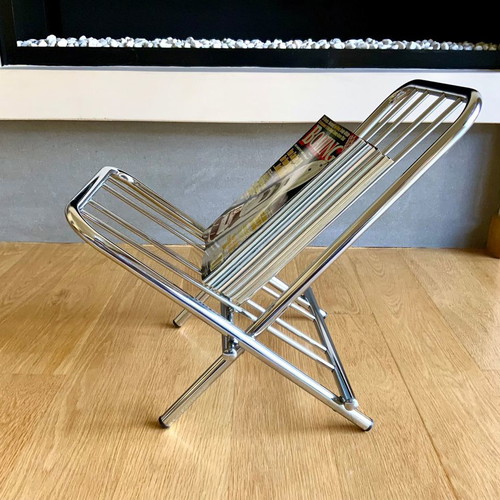 ZACK 1980s Folding Magazine Rack used, metal nickel finish