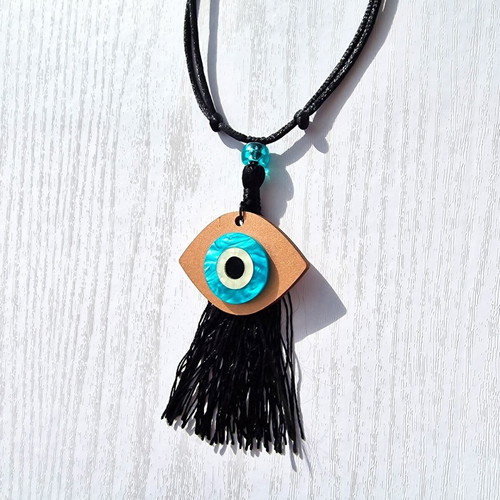 Car charm with eye pink gold and tassel adjustable size