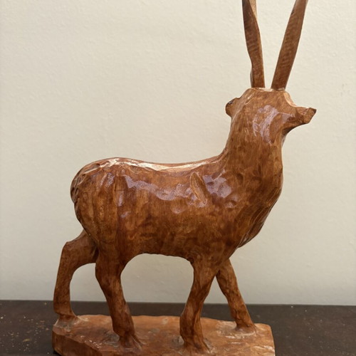 Vintage wooden antelope / ibex sculpture, handmade