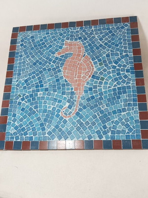 Handmade mosaic with seahorse on plywood 35x35 cm