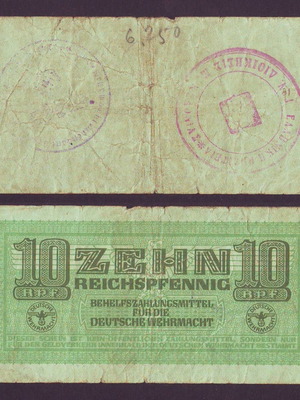 10 Pfennig German Wehrmacht Occupation Banknote used, Greece Thessaloniki