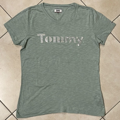 Tommy Jeans Women T-Shirt sage green metallic logo print V-neck size S like new