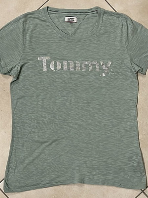 Tommy Jeans Women T-Shirt sage green metallic logo print V-neck size S like new