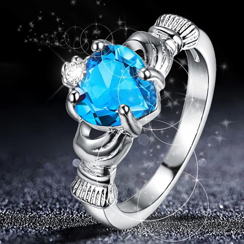 Women's ring new with blue heart-shaped zircon, silver plated